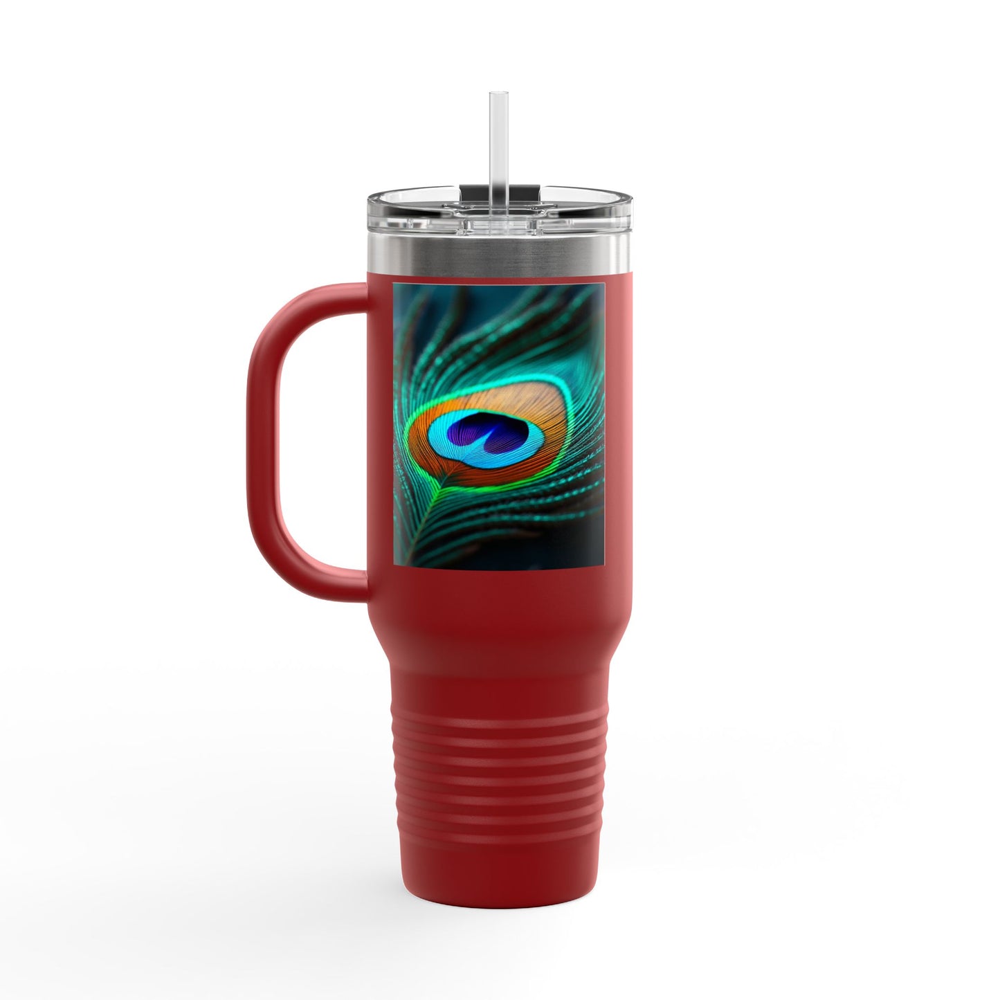 Insulated Travel Mug, 40oz / Peacock Eye Feather, Turquoise- Perfect for Outdoor Adventures