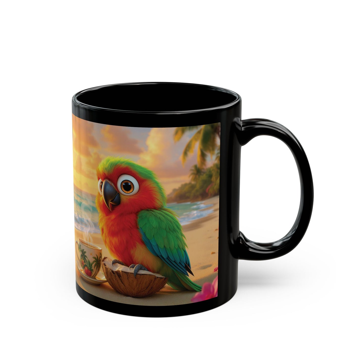 Black Coffee Mug - Tiki the Parrot on the Beach