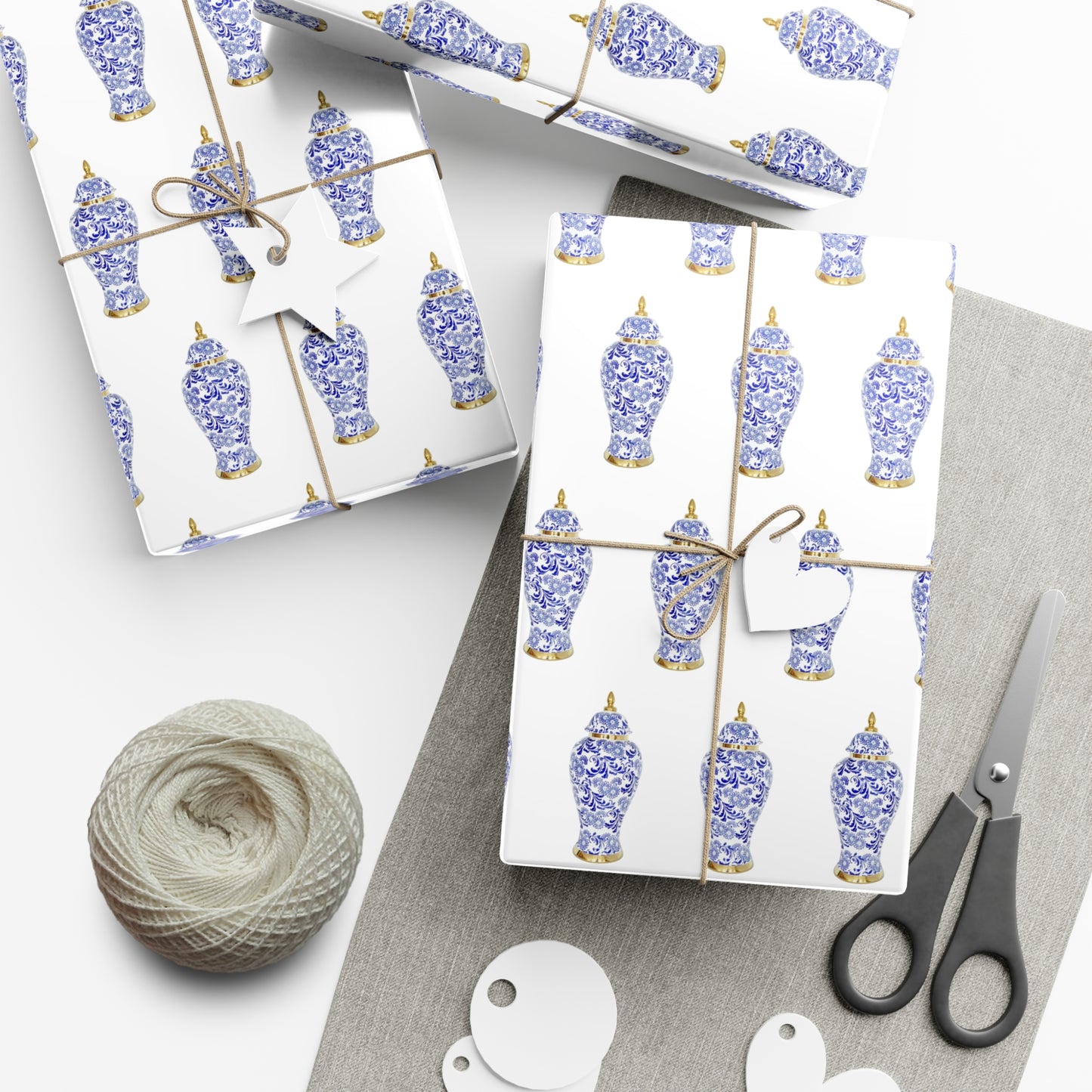 Wrapping Paper - Tropical Gift Wrap for All Occasions / 3 Sizes, 2 Finishes / Blue and White Ginger Jar