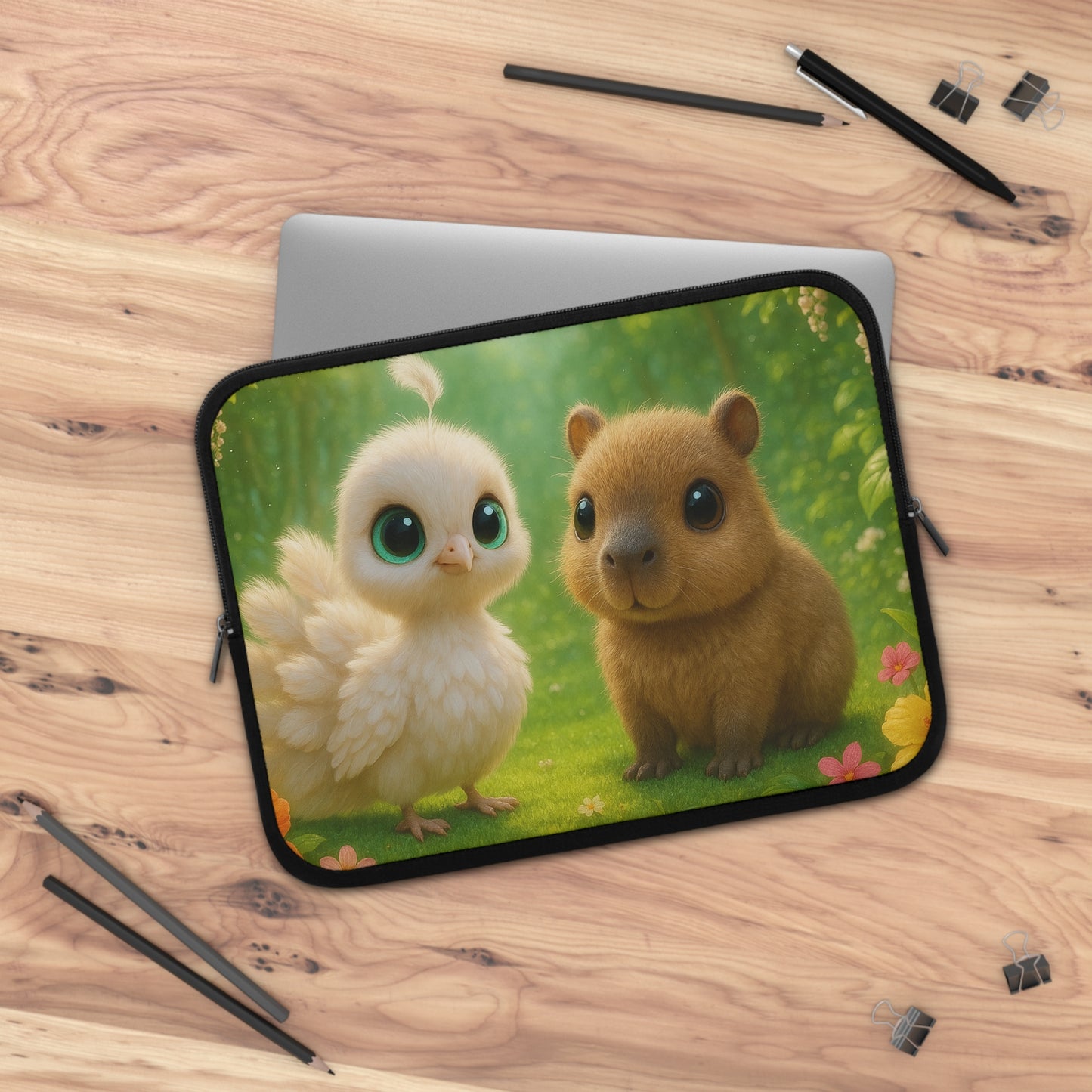 Tropical Laptop Sleeve, 5 Sizes - Perfect for Beach Lovers & Students / Baby White Peacock and Baby Capybara