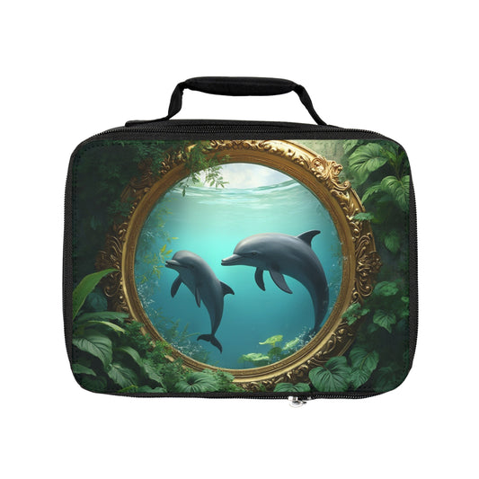 Framed Dolphins Lunch Bag - Eco-Friendly Insulated Tote, Adult and Child Lunchbox / Perfect for Picnics, Beach Outings