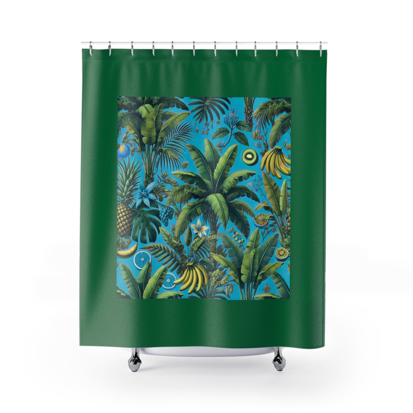 Palm Tree Shower Curtain - Ocean Bathroom Decor / Tropical Fruit/Turquoise, Dark Green