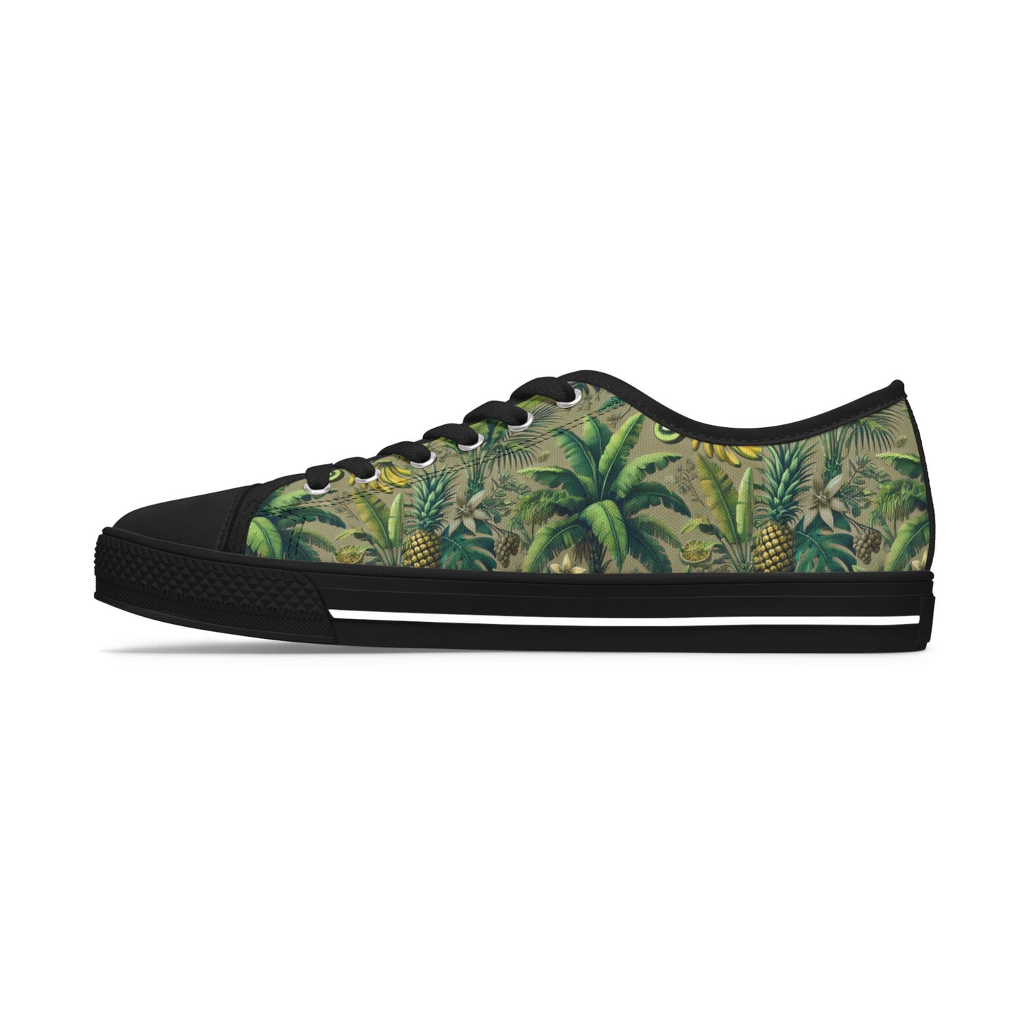 Stylish Women's Low Top Sneakers - Trendy Tropical Casual Footwear for Everyday Wear / Palms and Tropical Fruit/Taupe
