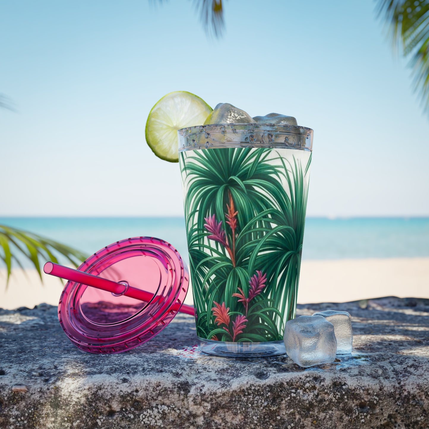Tropical Tumbler with Straw | 16oz Colorful Travel Cup / Tiny Palm Island