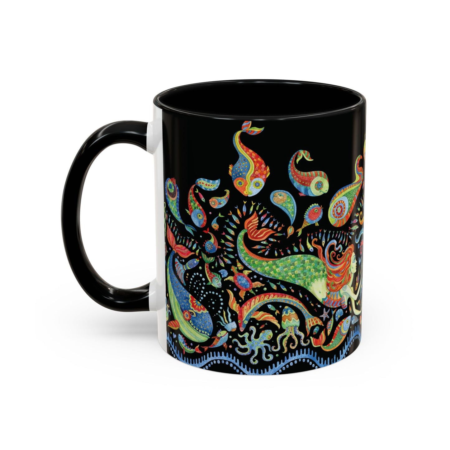 Mermaid Kingdom/Black, Coffee Mug, 8 Colors - Fun Tropical Drinkware for Beach Vibes