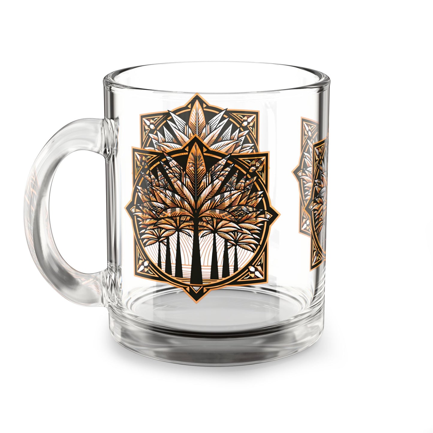 Tropical Glass Mug - 10oz Coffee Cup / Deco Palms, Cinnamon