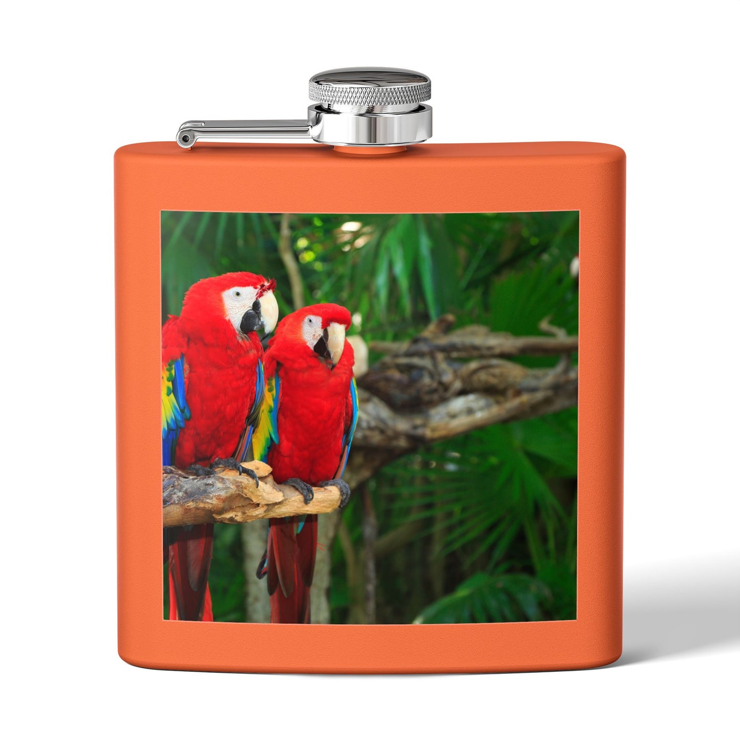 Tropical Stainless Steel 6 oz. Flask, Many Colors  – Two Red Parrots