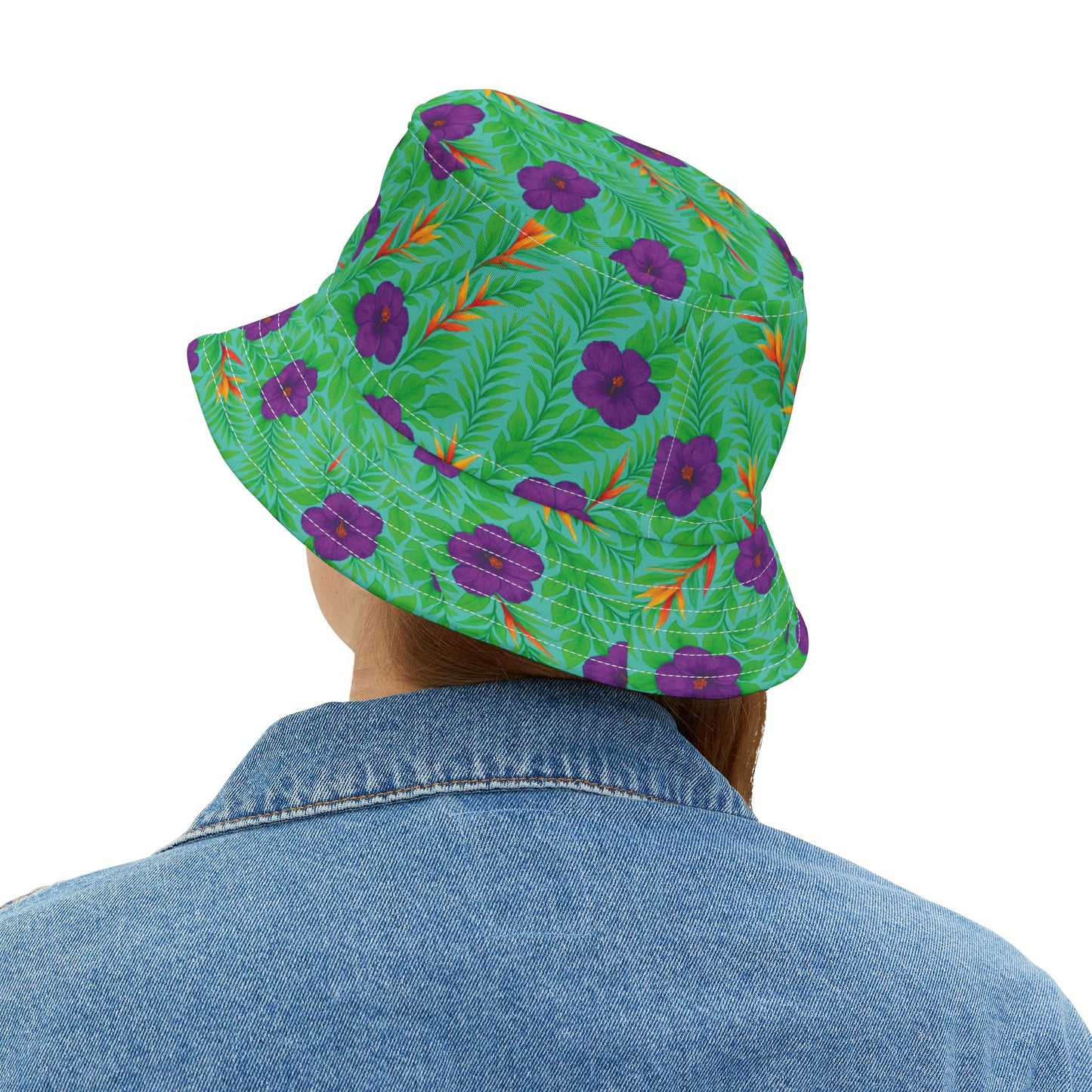 Tropical Polyester Bucket Hat, 2 Sizes - Midnight Flower Green