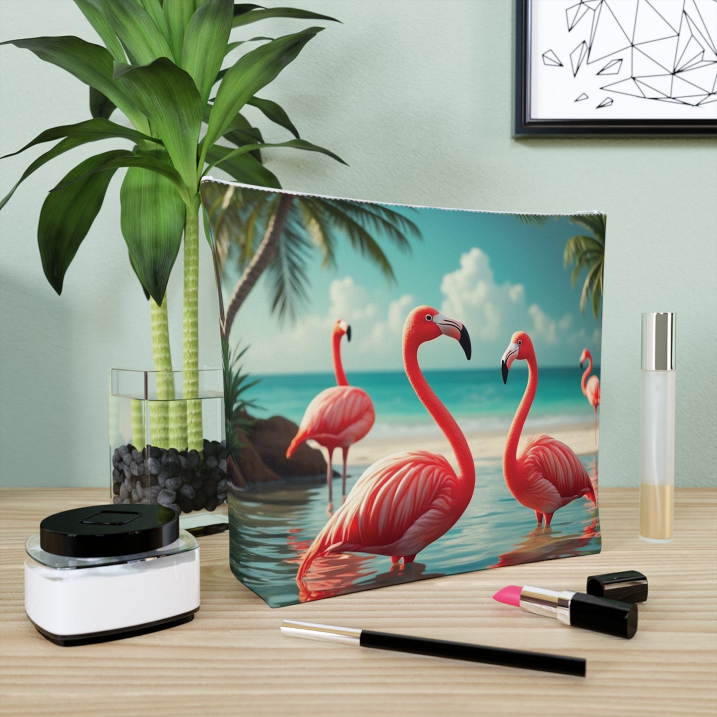 Tropical Cotton Cosmetic Bag, Makeup Pouch, 5 Sizes / Flamingo Morning Dip