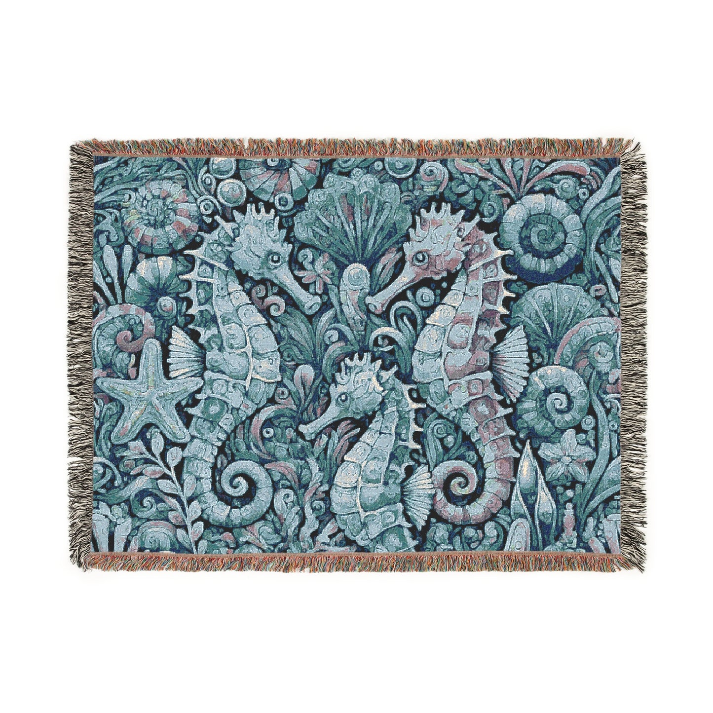 Woven Blanket, 3 Sizes - Tropical Home Decor / Seahorse Trio, Blue
