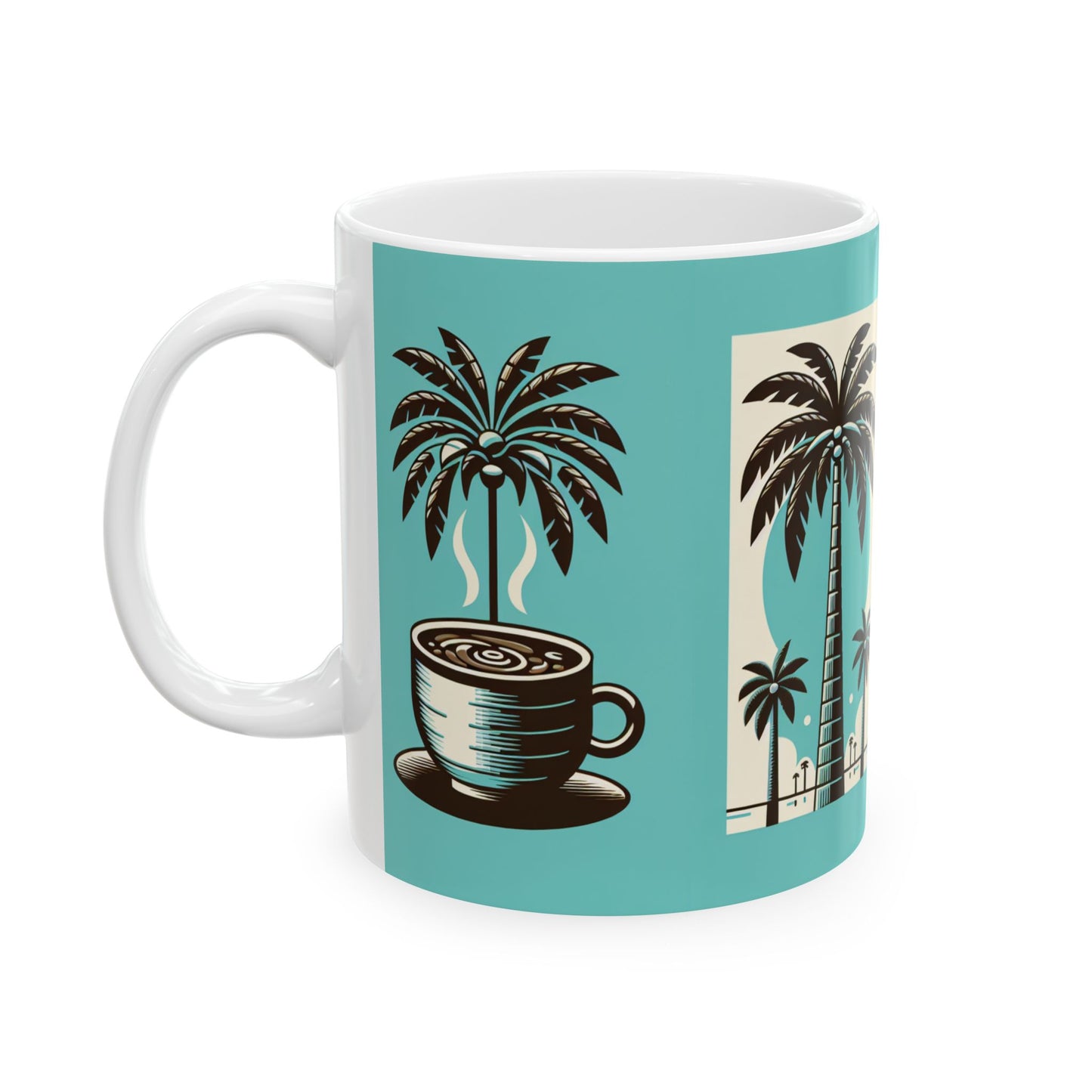 Ceramic White Mug - 11oz & 15oz, Palms and Coffee