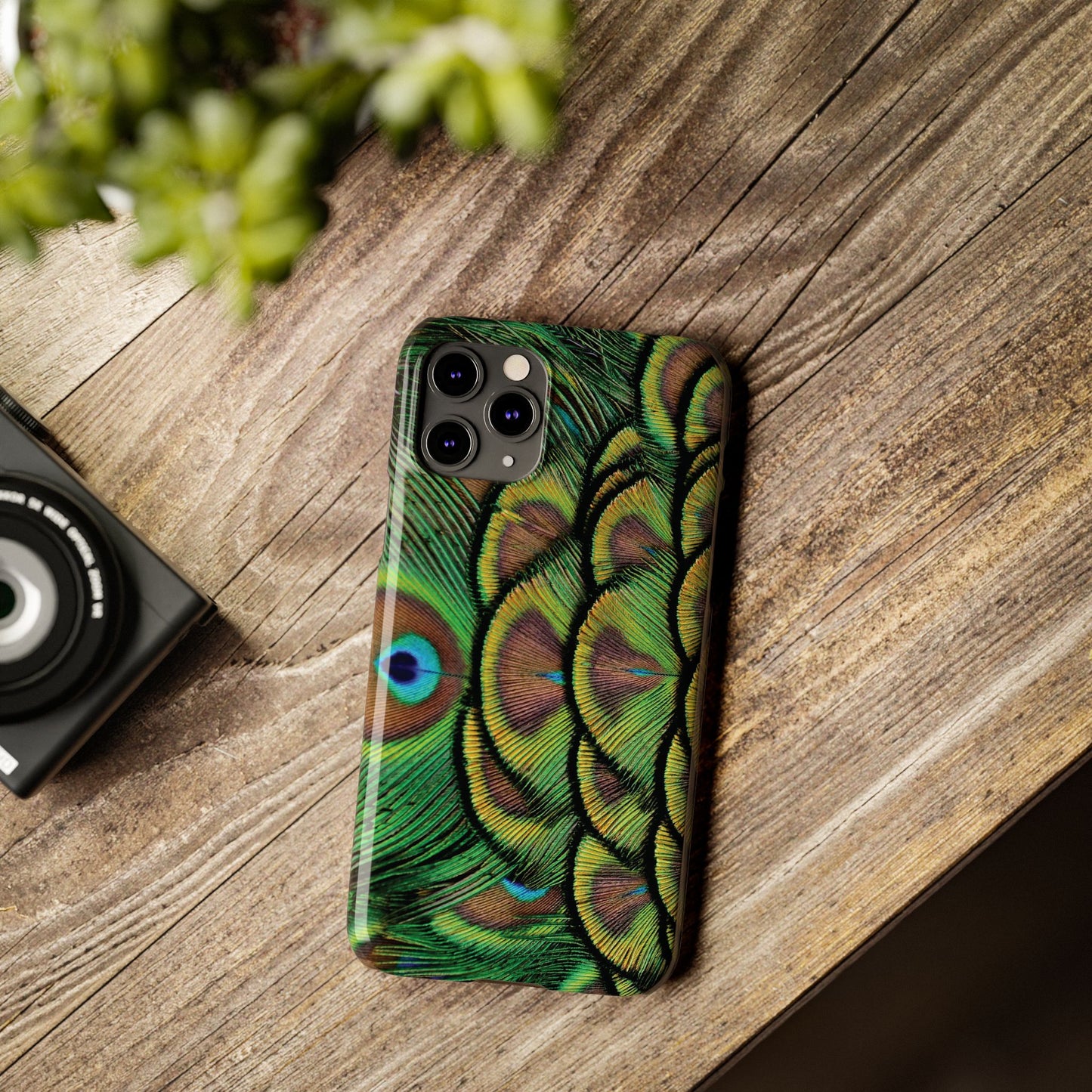 Slim Phone Cases - Brilliant Green Peacock Feathers