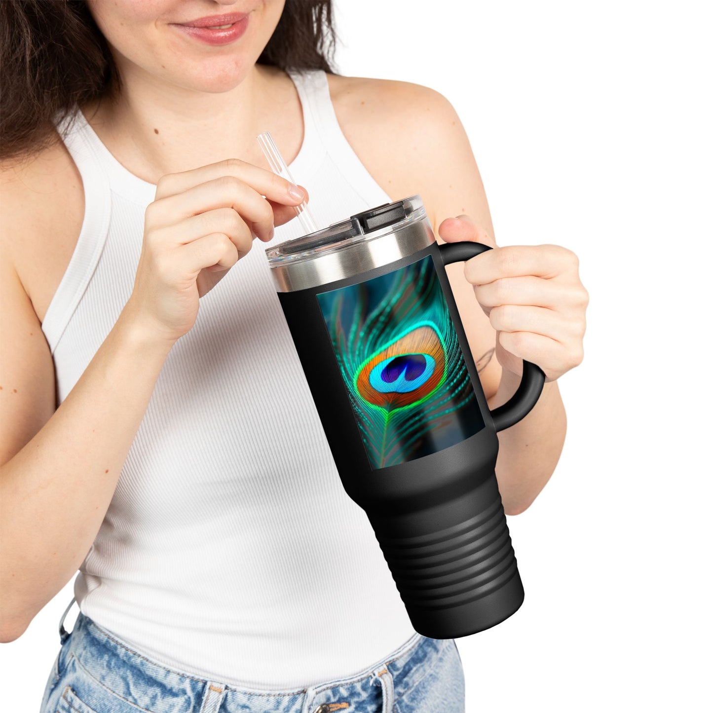 Insulated Travel Mug, 40oz / Peacock Eye Feather, Turquoise- Perfect for Outdoor Adventures