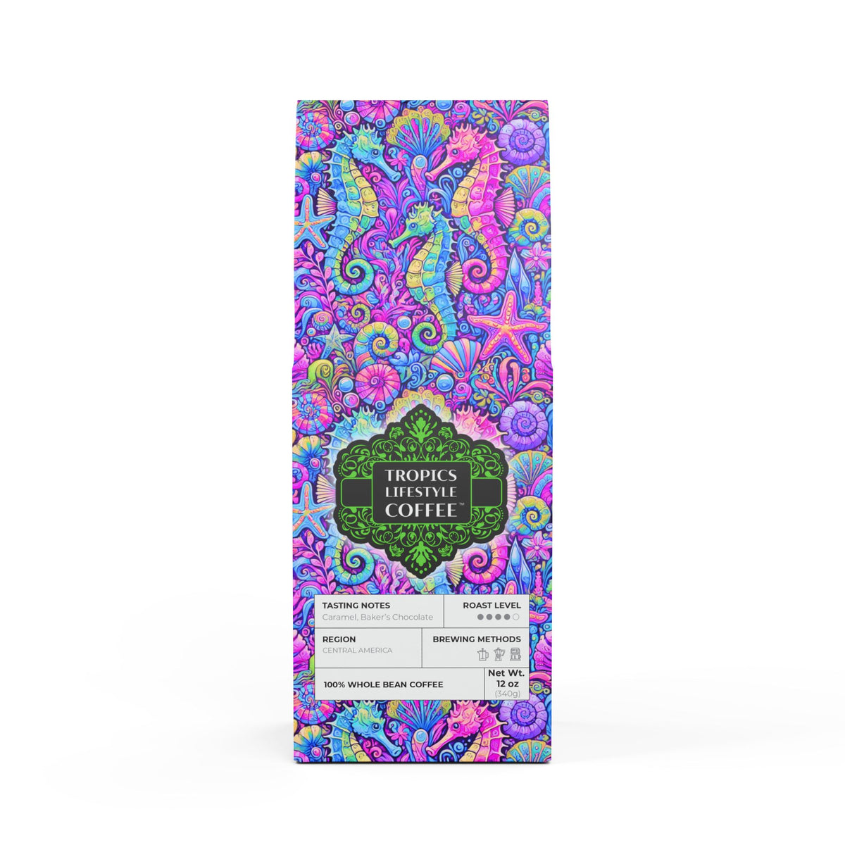 Cocoa Palms Blend™ (Medium-Dark Roast) Specialty Grade Craft Coffee / Seahorse Trio, Fantasy Pop