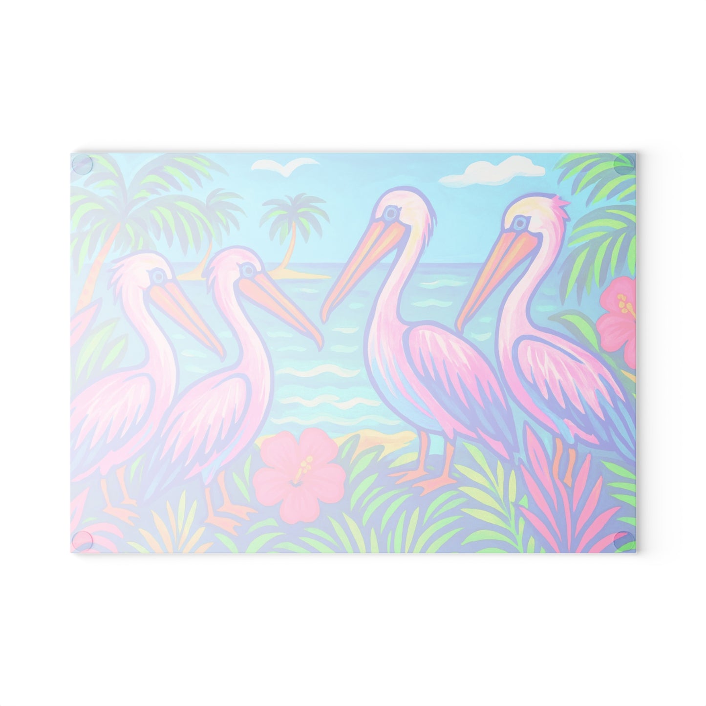 Glass Cutting Board, 2 sizes - Beach Pelican Party