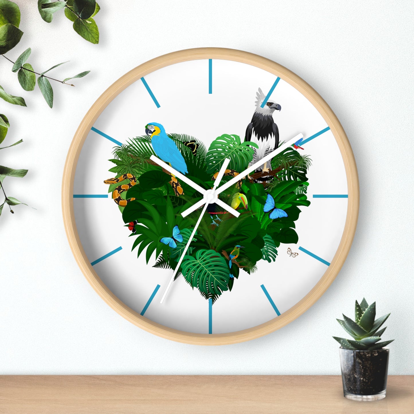 Rainforest Love/White Wall Clock - Perfect for Tropical Lifestyle Lovers, Blue Separators