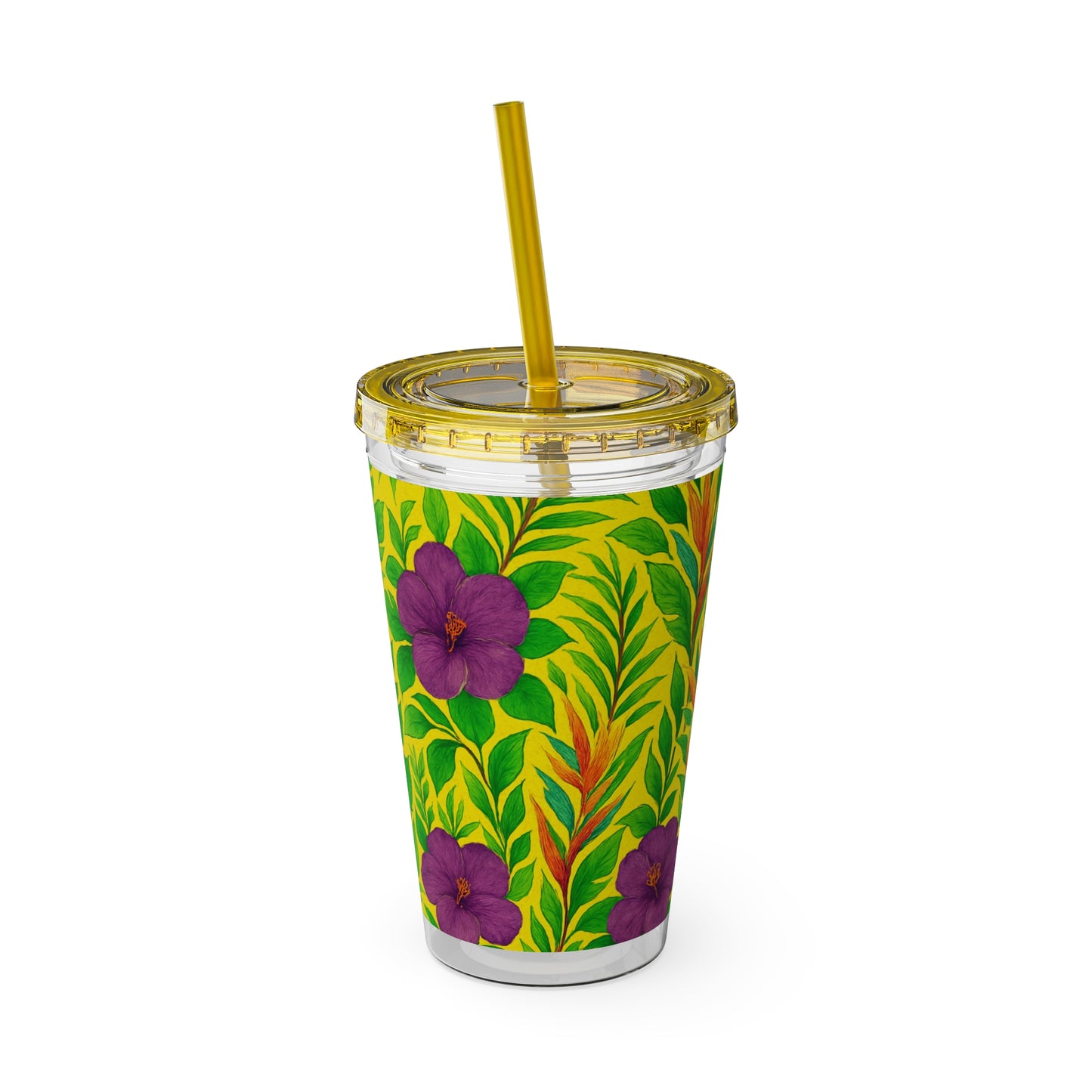 Tropical Tumbler with Straw | 16oz Colorful Travel Cup / Midnight Flower Yellow