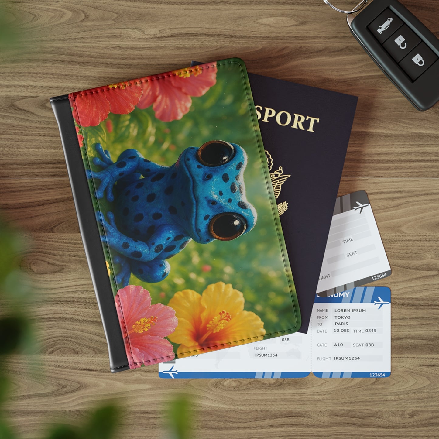 Tropical Passport Cover, Faux Leather - RFID blocking for travel security / Rainforest Blue Frog