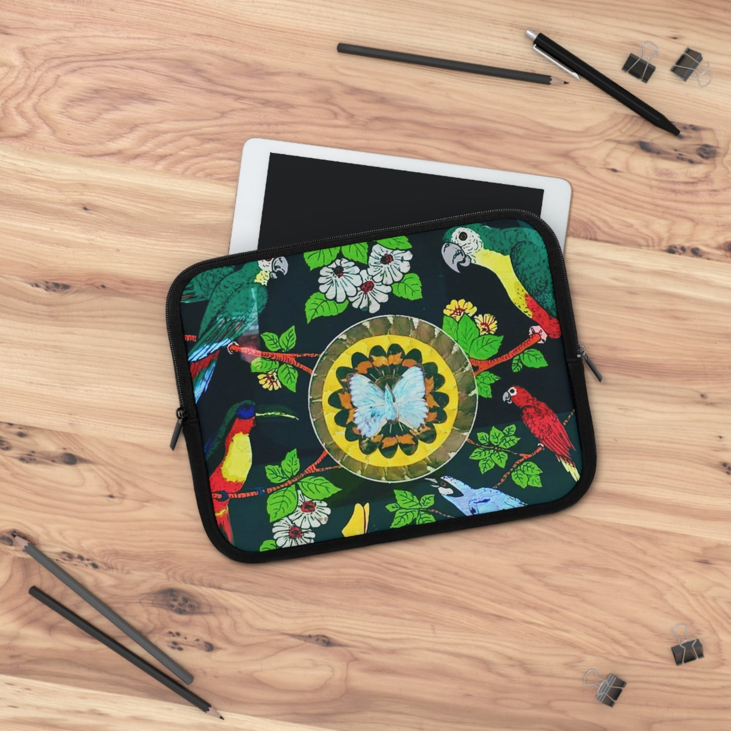Tropical Laptop Sleeve, 5 Sizes - Perfect for Beach Lovers & Students / Parrots & Real Butterfly Wings Art