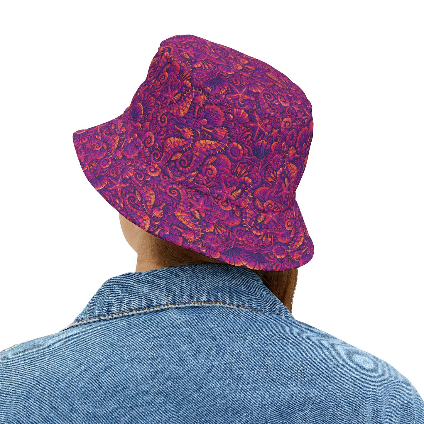 Tropical Polyester Bucket Hat, 2 Sizes - Seahorses Hot Pink