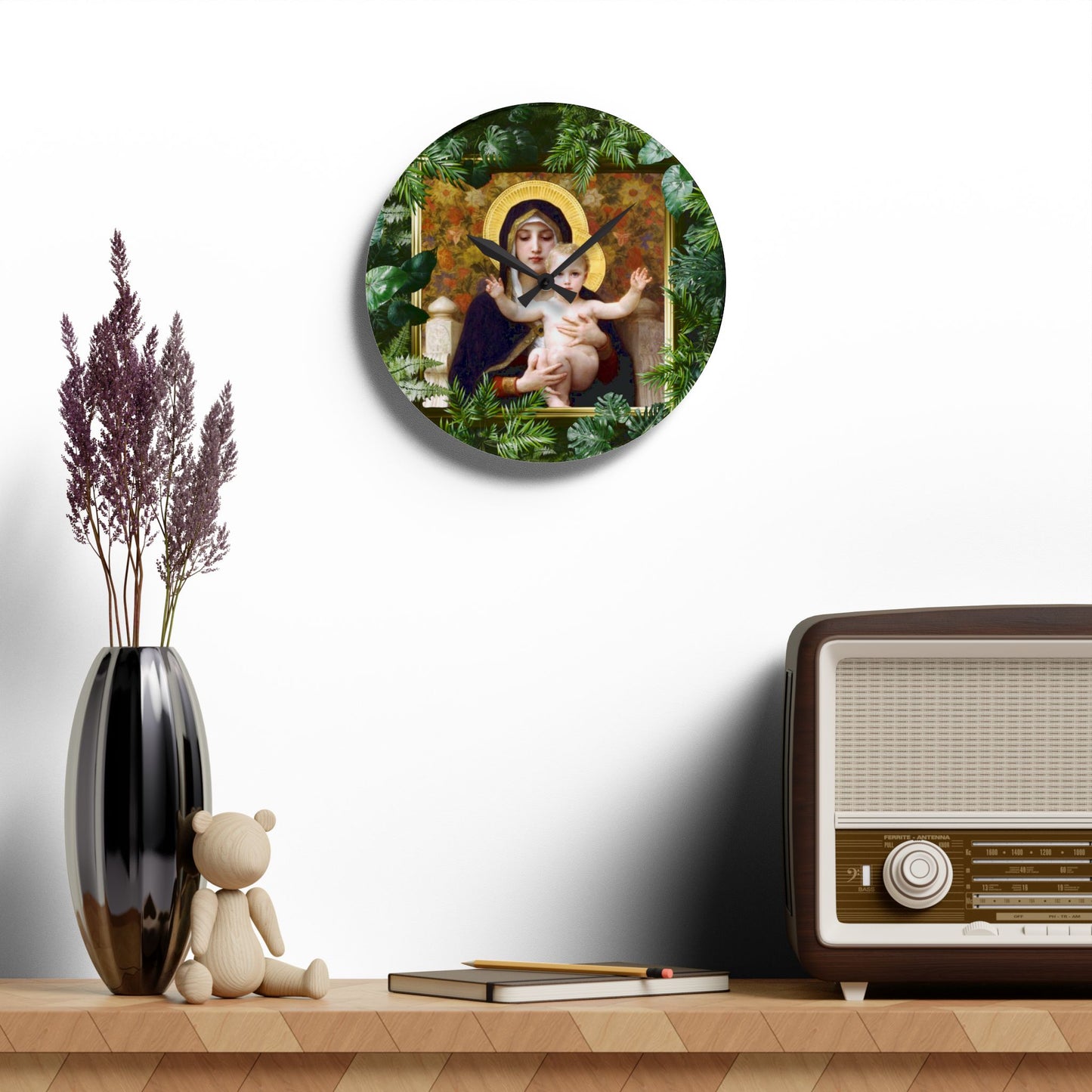 "Tropical Rainforest Madonna of Lilies" Acrylic Wall Clock - Elegant Religious Decor for Home and Office