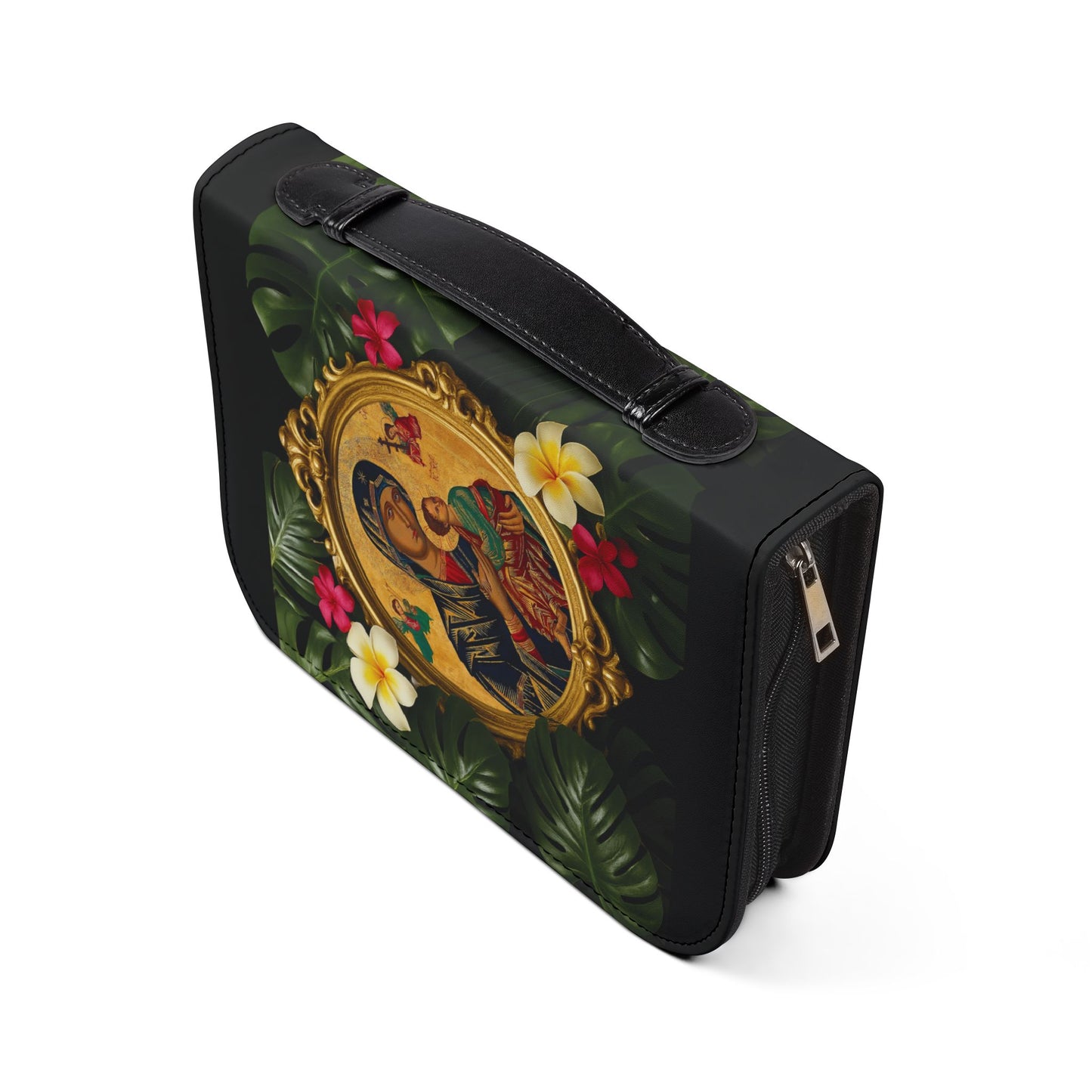 Tropical Bible Cover, Our Lady of Perpetual Help Black / Floral Bible Protector, Church Accessories