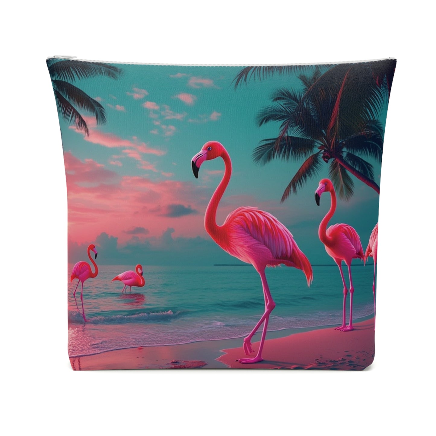 Tropical Cotton Cosmetic Bag, Makeup Pouch, 5 Sizes / Neon Flamingos at Night