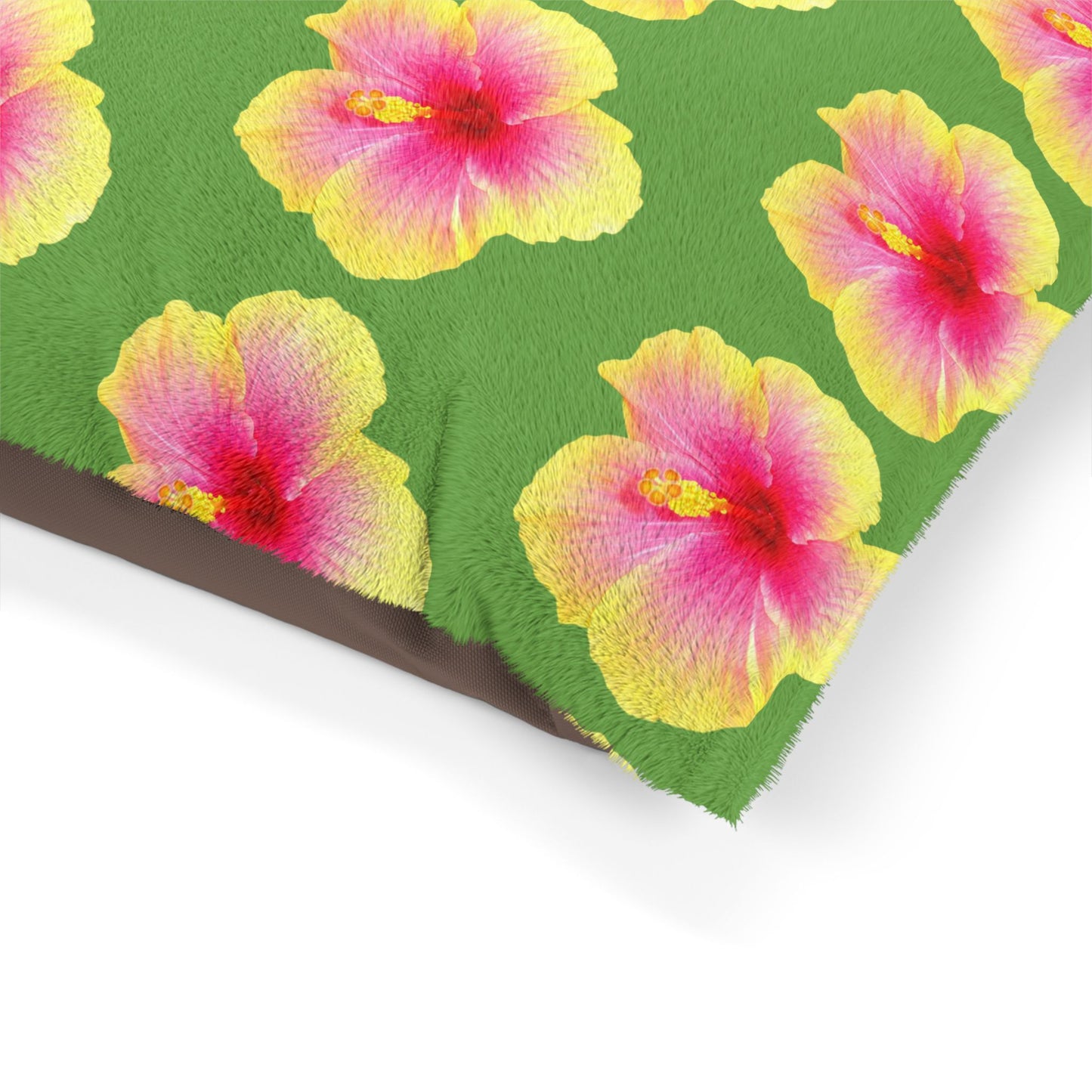 Pet Bed - Cozy and Fun Dog or Cat Bed for Beach Lovers / Real Yellow & Pink Hibiscus/Lt. Green
