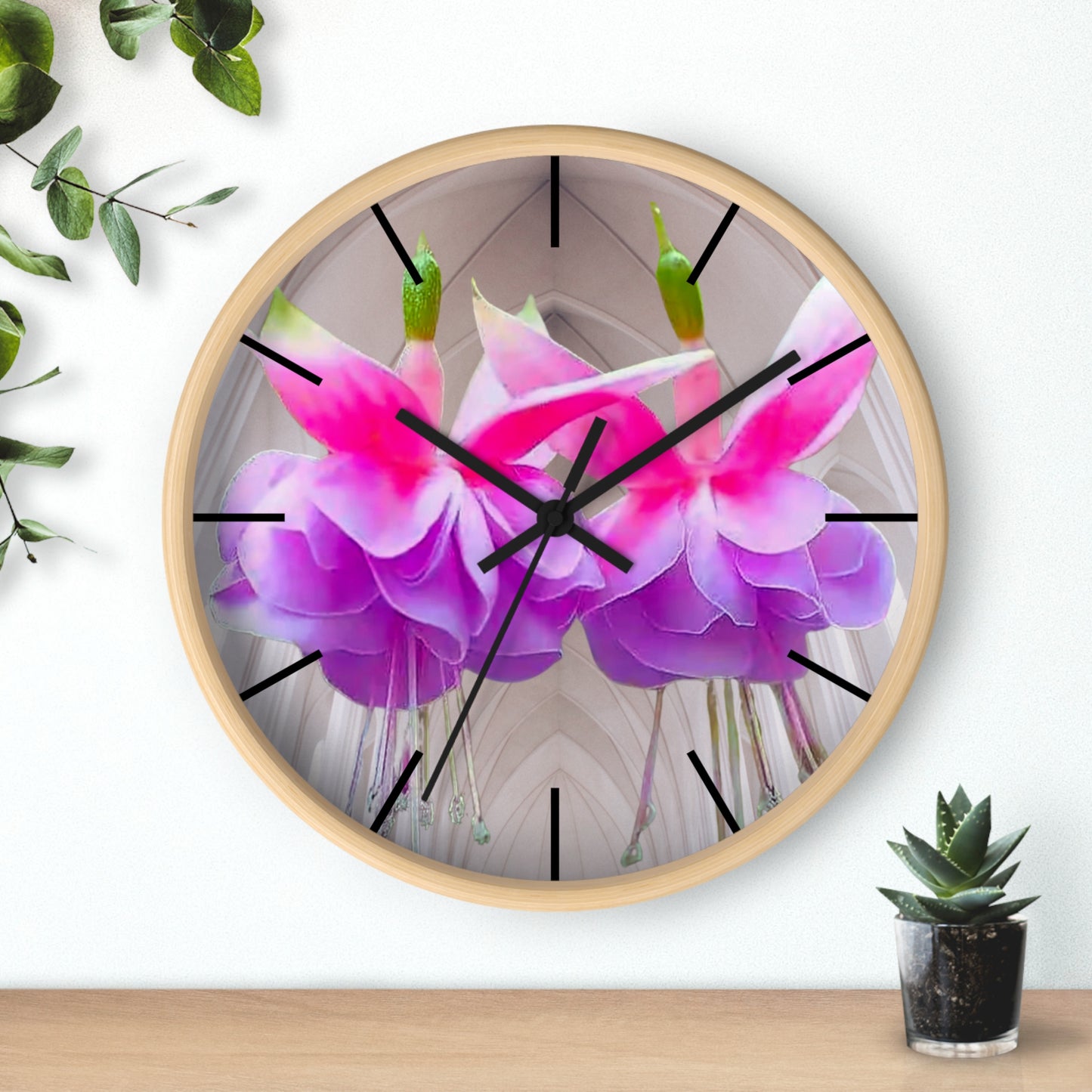 Wall Clock, Two Pink Fuchsias / Gothic, Hands/Base Variants