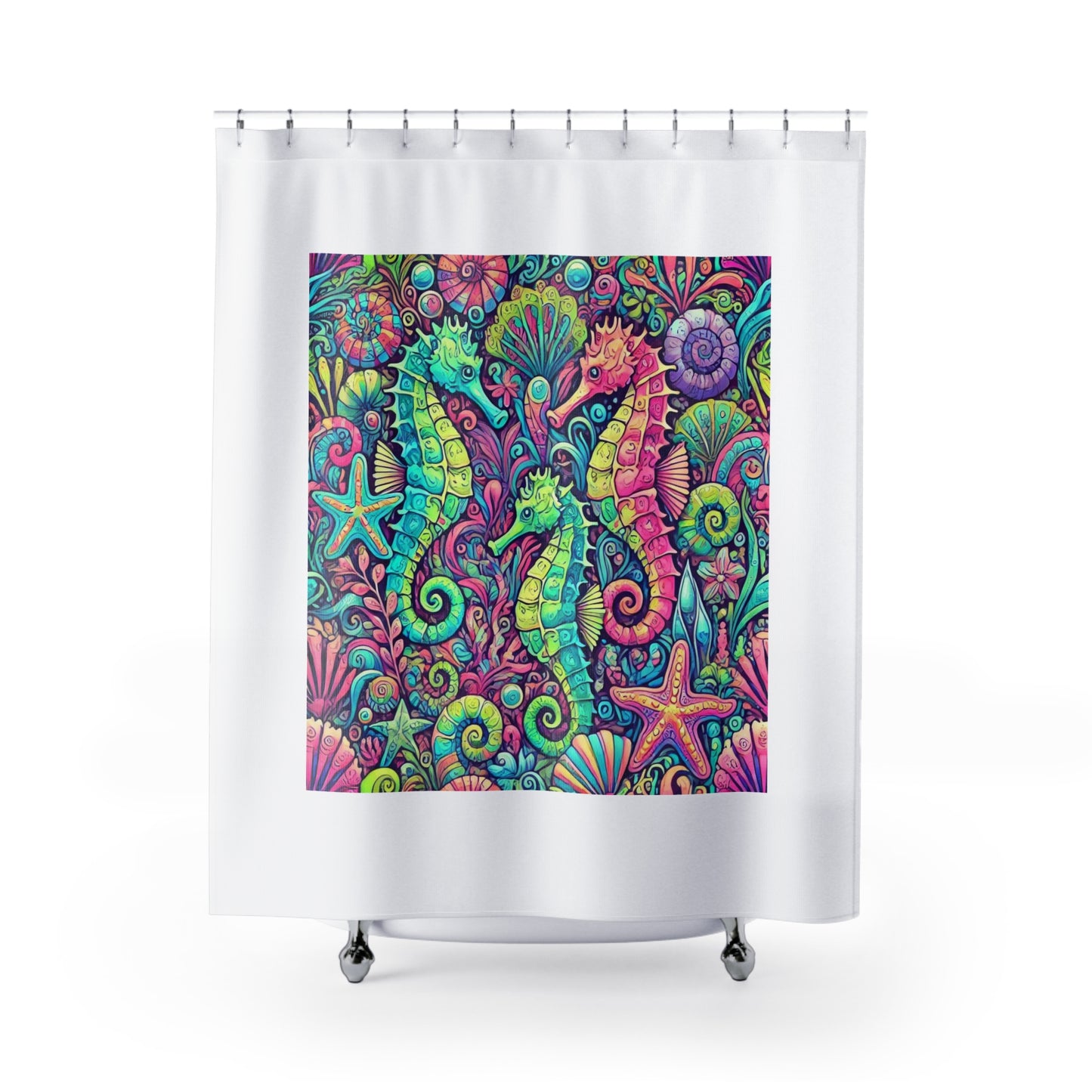 Tropical Shower Curtain - Rainforest Bathroom Decor / Seahorse Trio/White