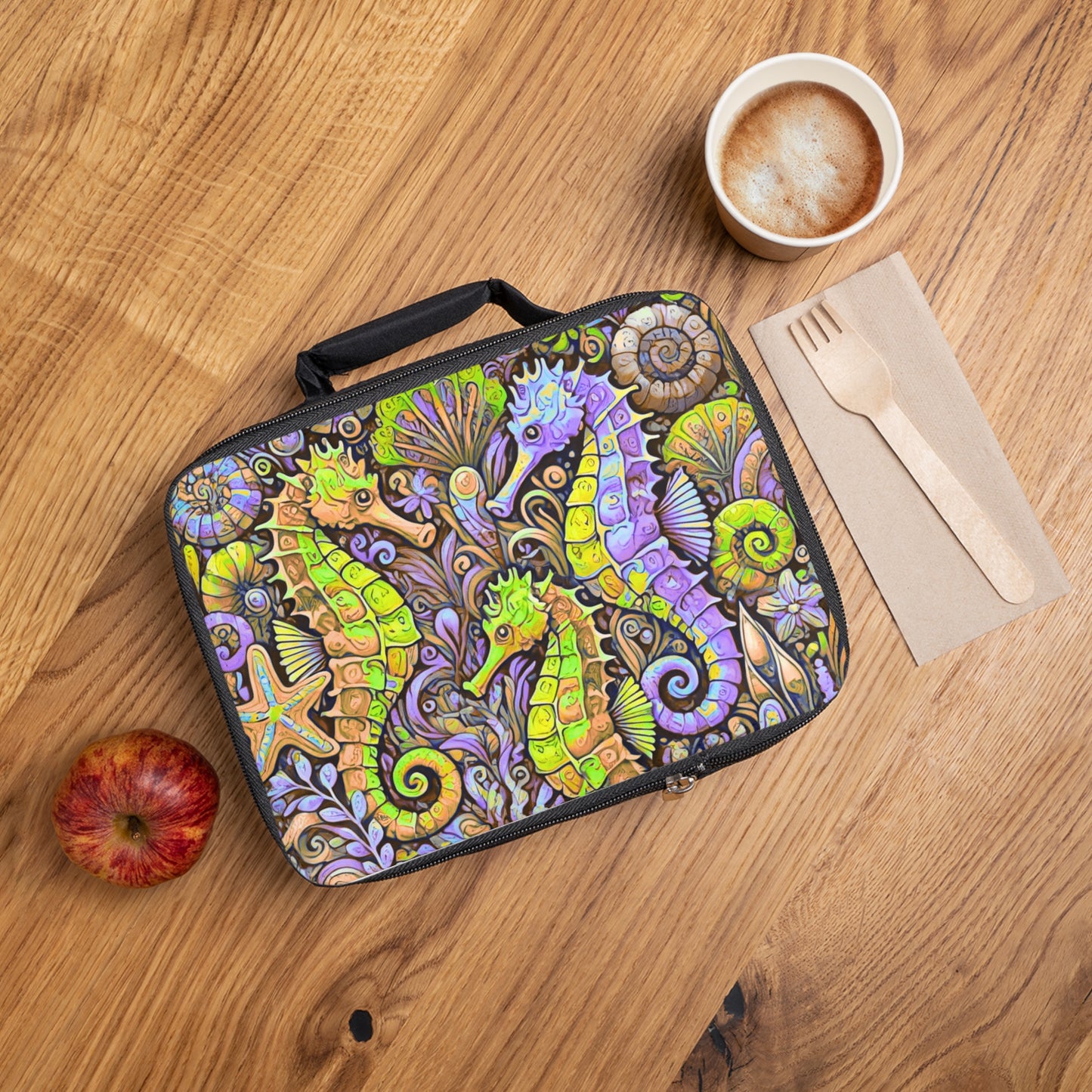 Seahorse Trio/Purple Lunch Bag - Eco-Friendly Insulated Tote, Adult and Child Lunchbox / Perfect for Picnics, Beach Outings