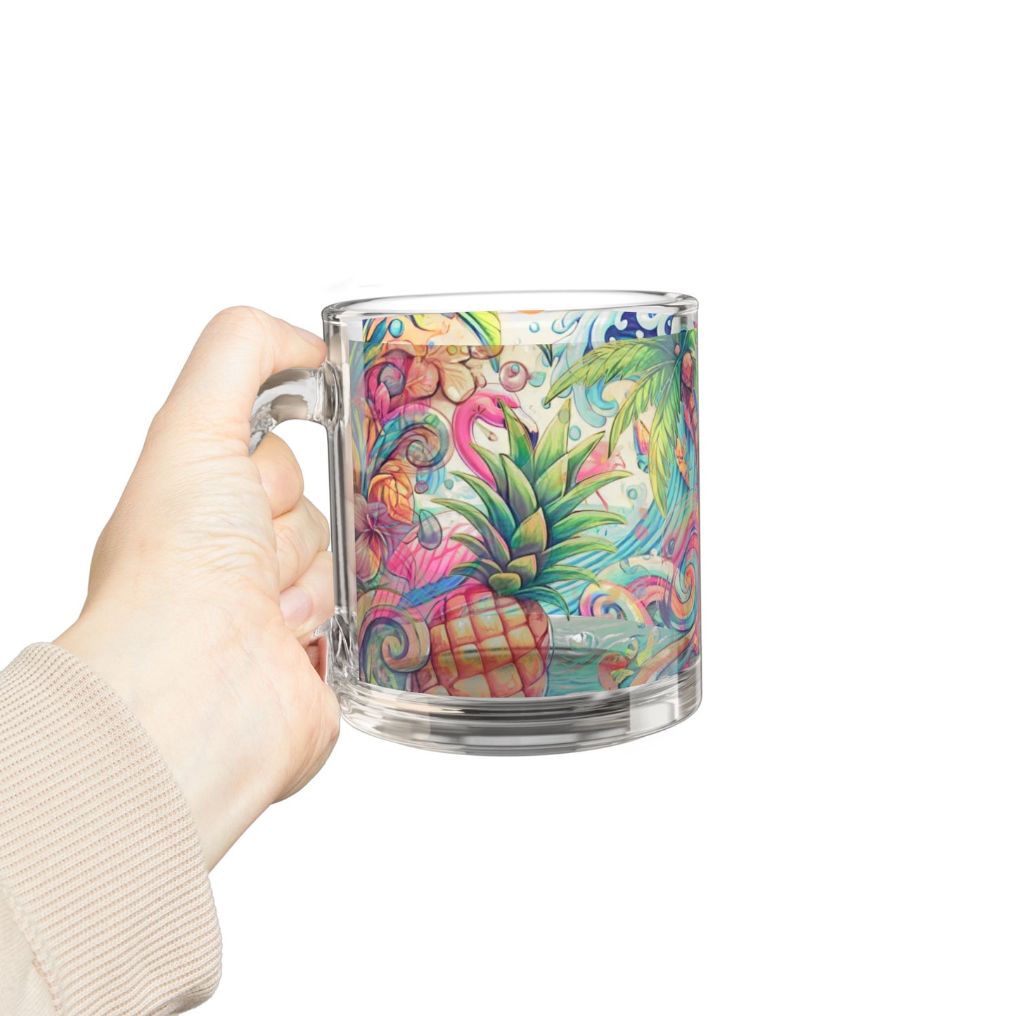 Tropical Glass Mug - 10oz Coffee Cup / Flamingo Waves