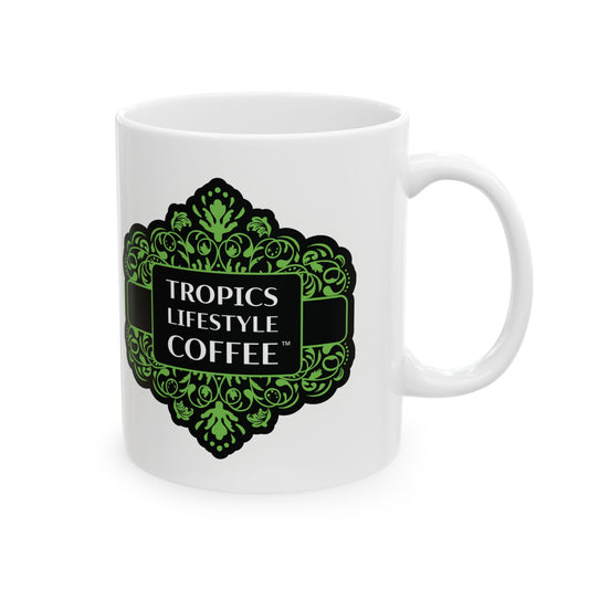 Ceramic White Mug - 11oz & 15oz, / Tropics Lifestyle Coffee, 2 Sides