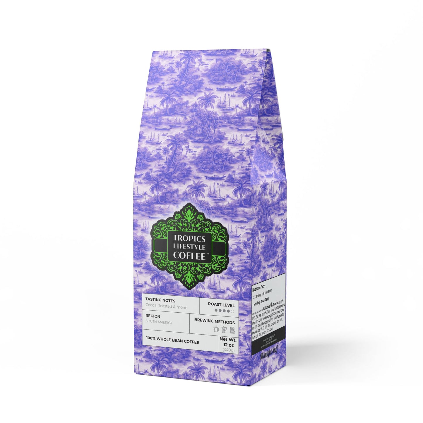 Midnight Surf Blend™ (Medium-Dark Roast) Specialty Grade Craft Coffee / Tropical Toile, Purple