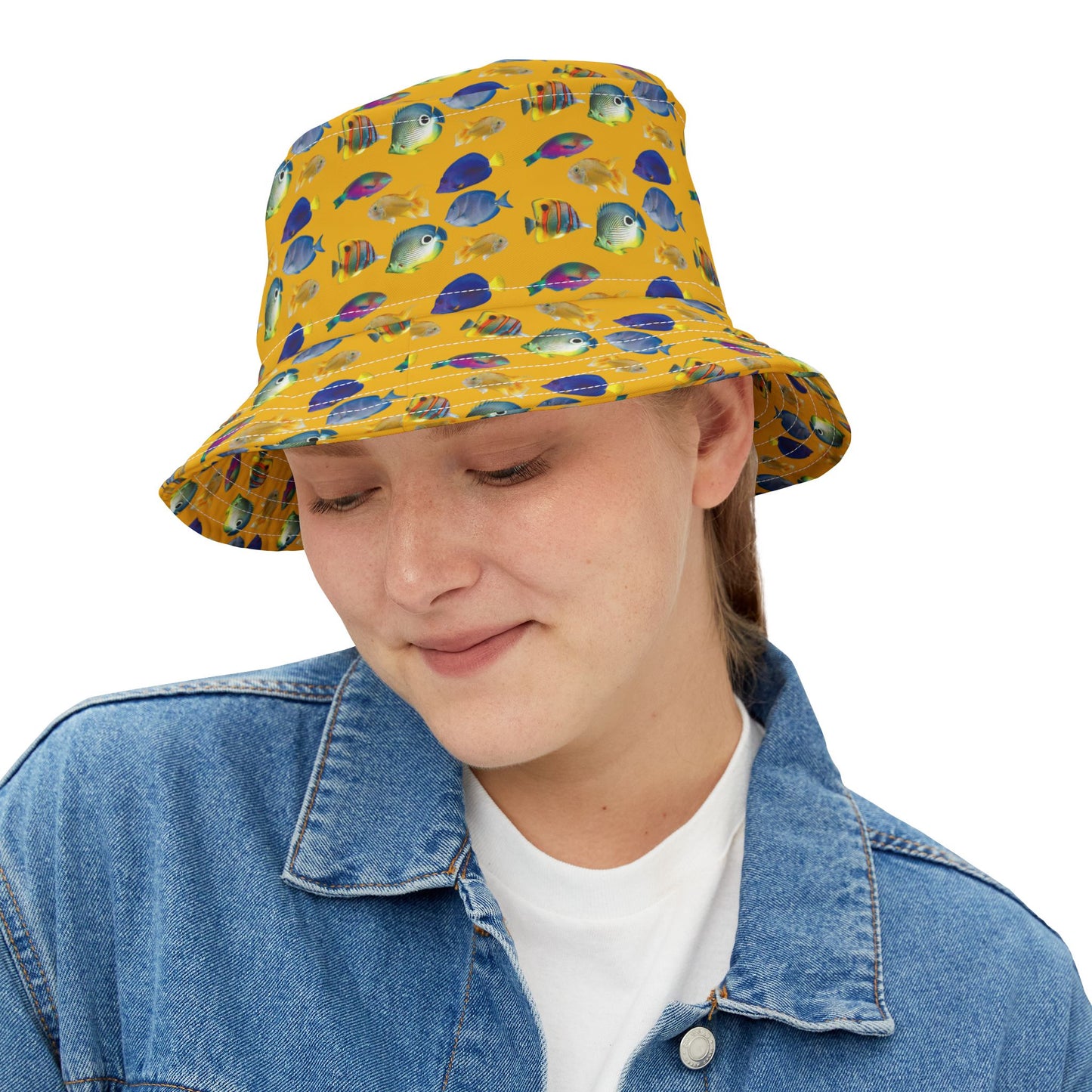 Tropical Polyester Bucket Hat, 2 Sizes - School of Fish / Yellow