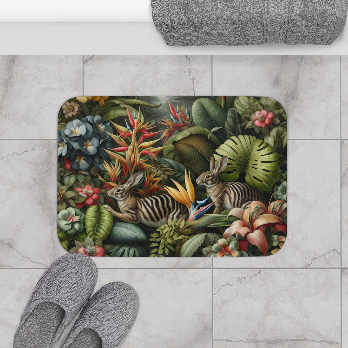 Rainforest Rabbit Outing Bath Mat, 2 Sizes - Tropical Vibes for Home Decor