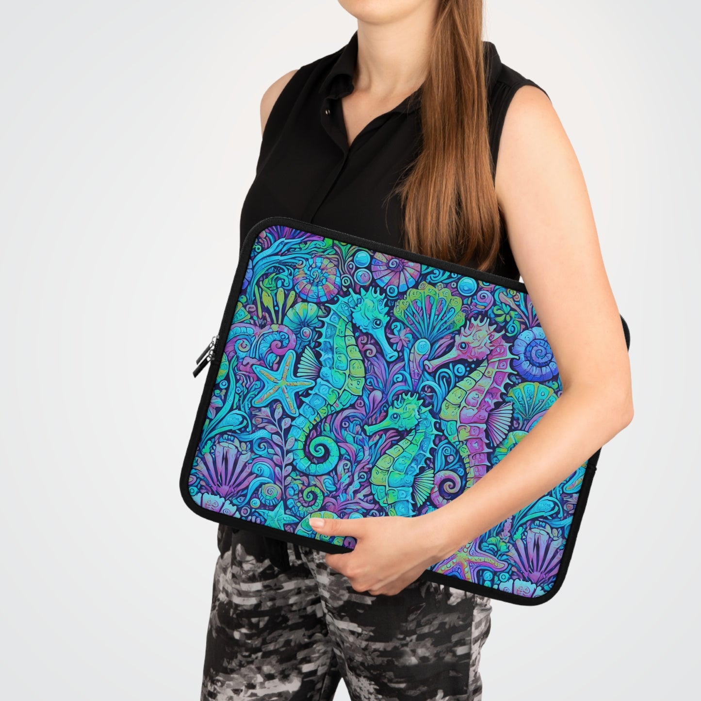 Tropical Laptop Sleeve, 5 Sizes - Perfect for Beach Lovers & Students / Seahorses, Turquoise POP
