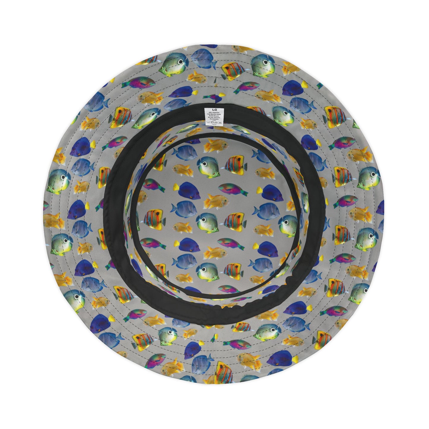 Tropical Polyester Bucket Hat, 2 Sizes - School of Fish / Light Grey