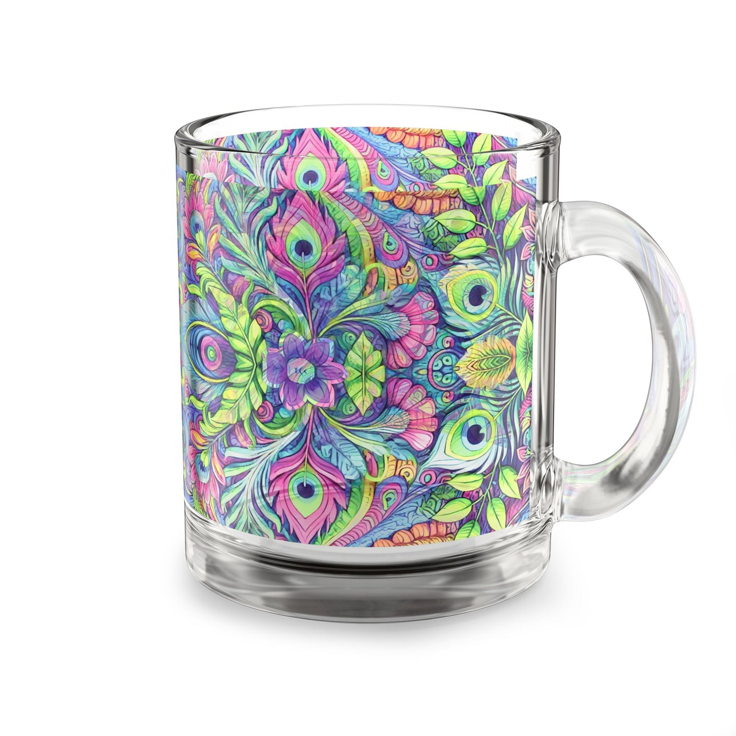 Tropical Glass Mug - 10oz Coffee Cup / Peacock Prism Kaleido