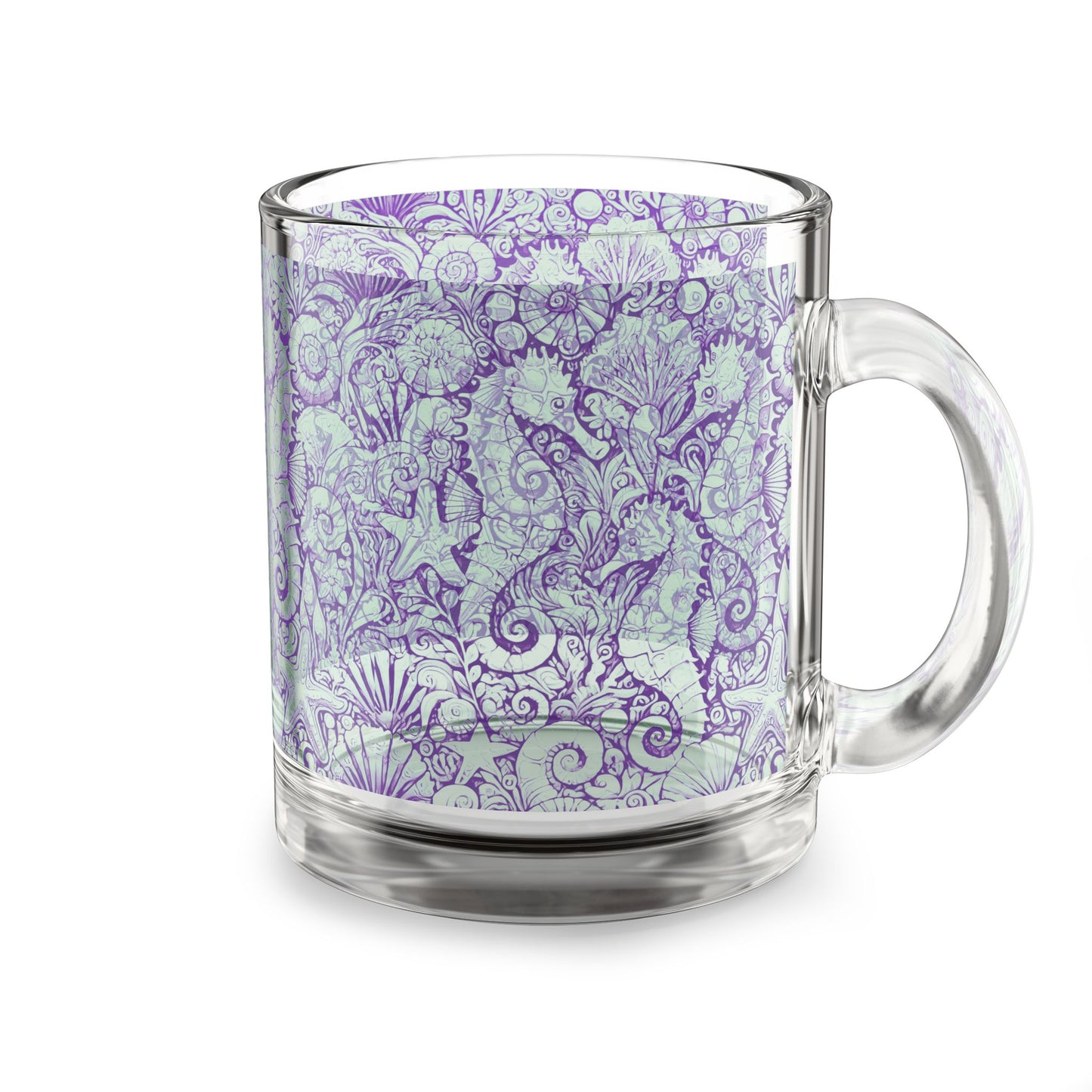 Tropical Glass Mug - 10oz Coffee Cup / Seahorses, Minty