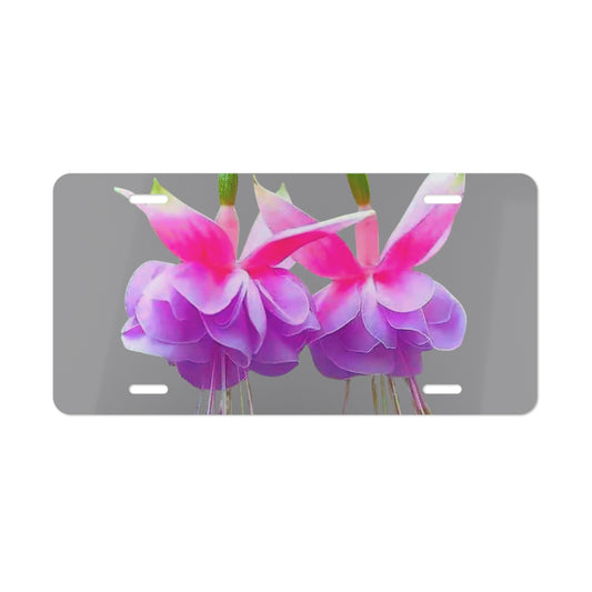 Real Two Fuchsias Vanity Plate, Grey - Tropical Floral Design for Cars, Trucks, and Decor