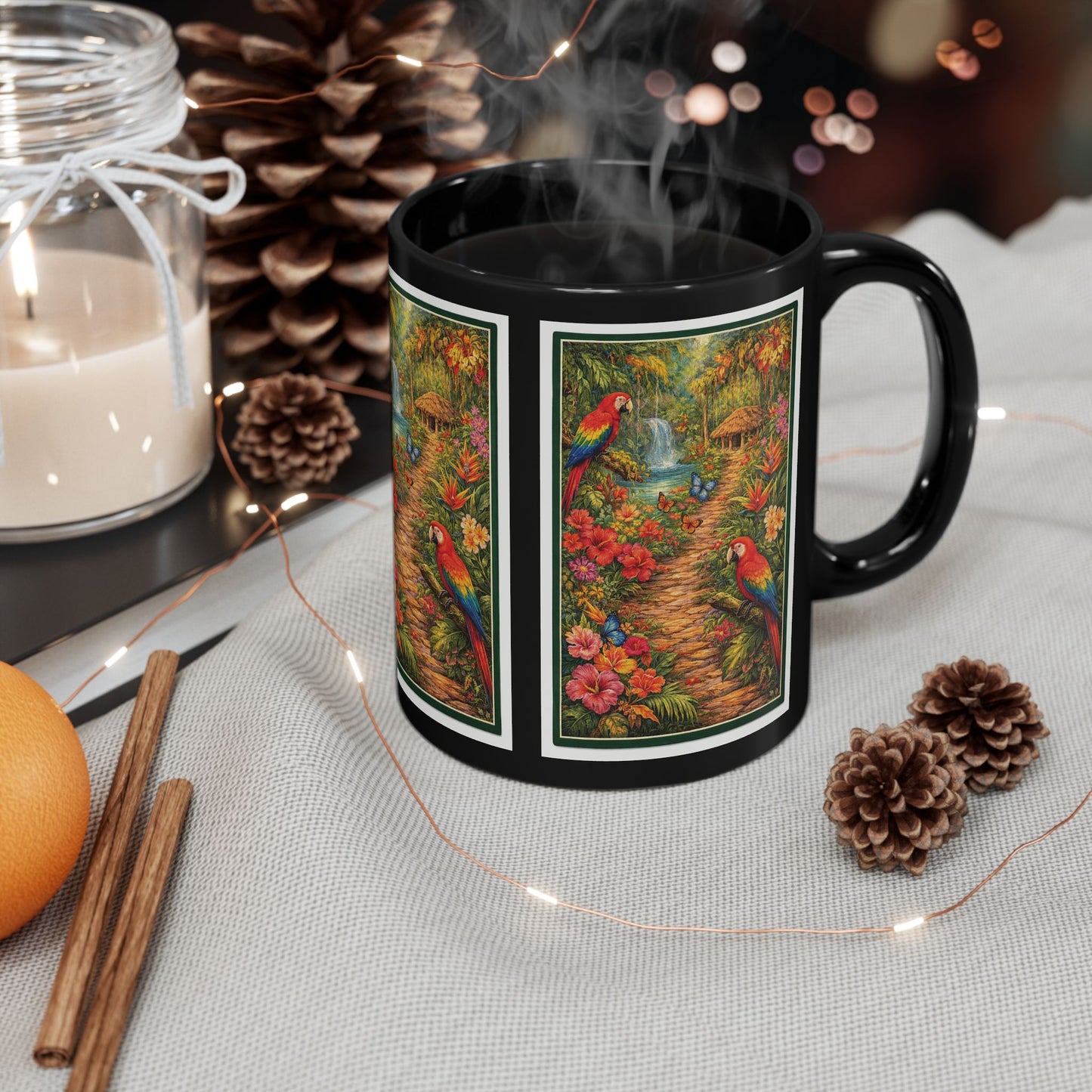 Tropical Parrot Black Mug — Colorful Jungle Scene Coffee Cup (11oz/15oz)