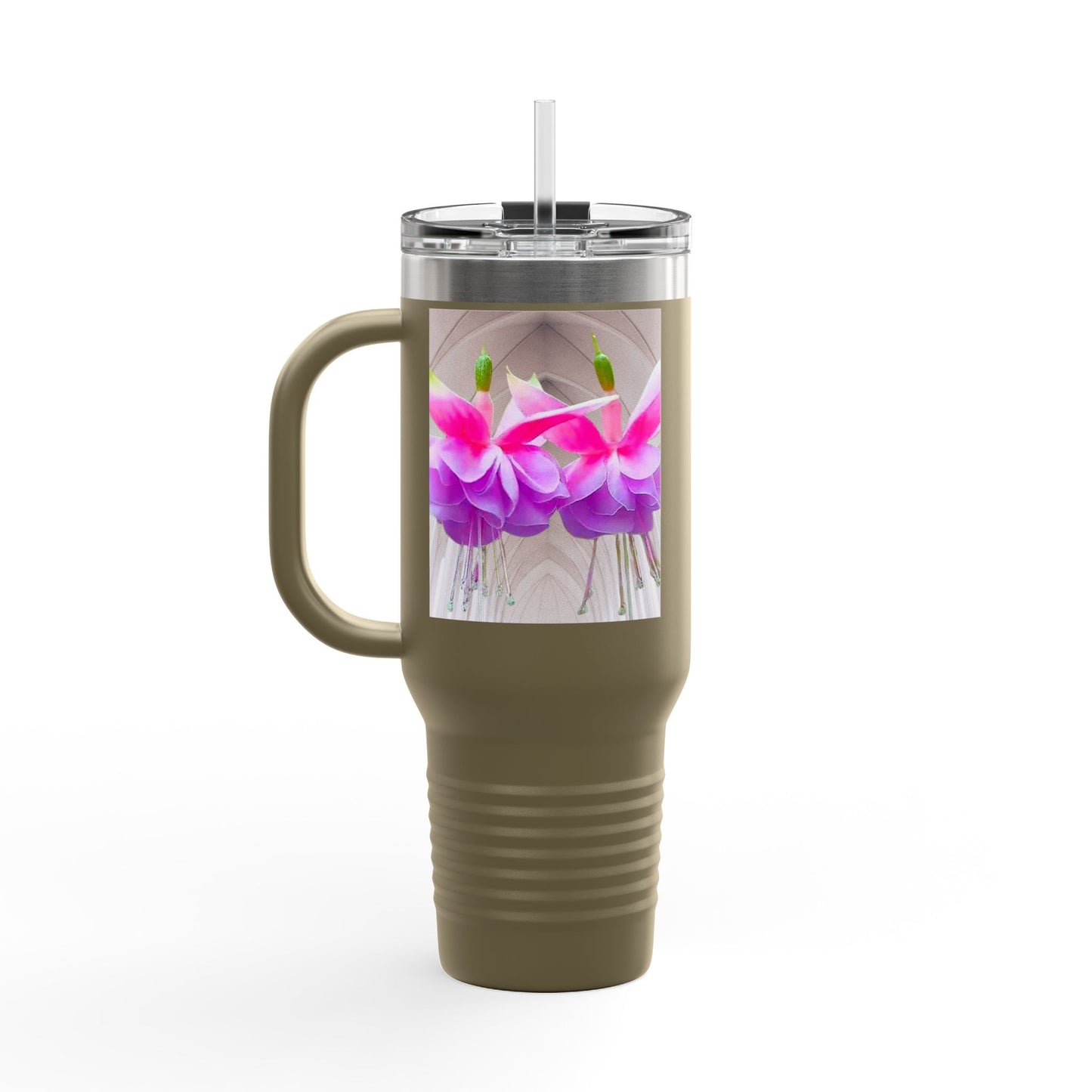 Insulated Travel Mug, 40oz / Floral Two Fuchsias, Gothic - Perfect for Outdoor Adventures