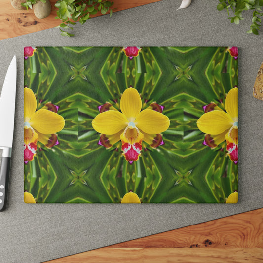 Glass Cutting Board, 2 sizes - Yellow Orchid Kaleidoscope