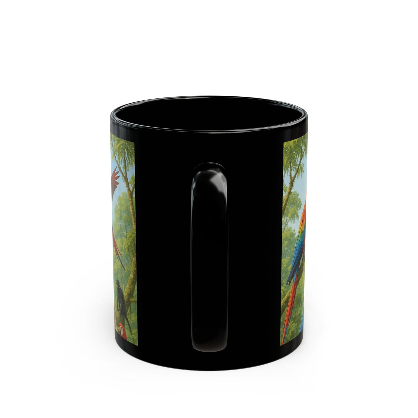 Black Coffee Mug - UFO and Macaws, Full View