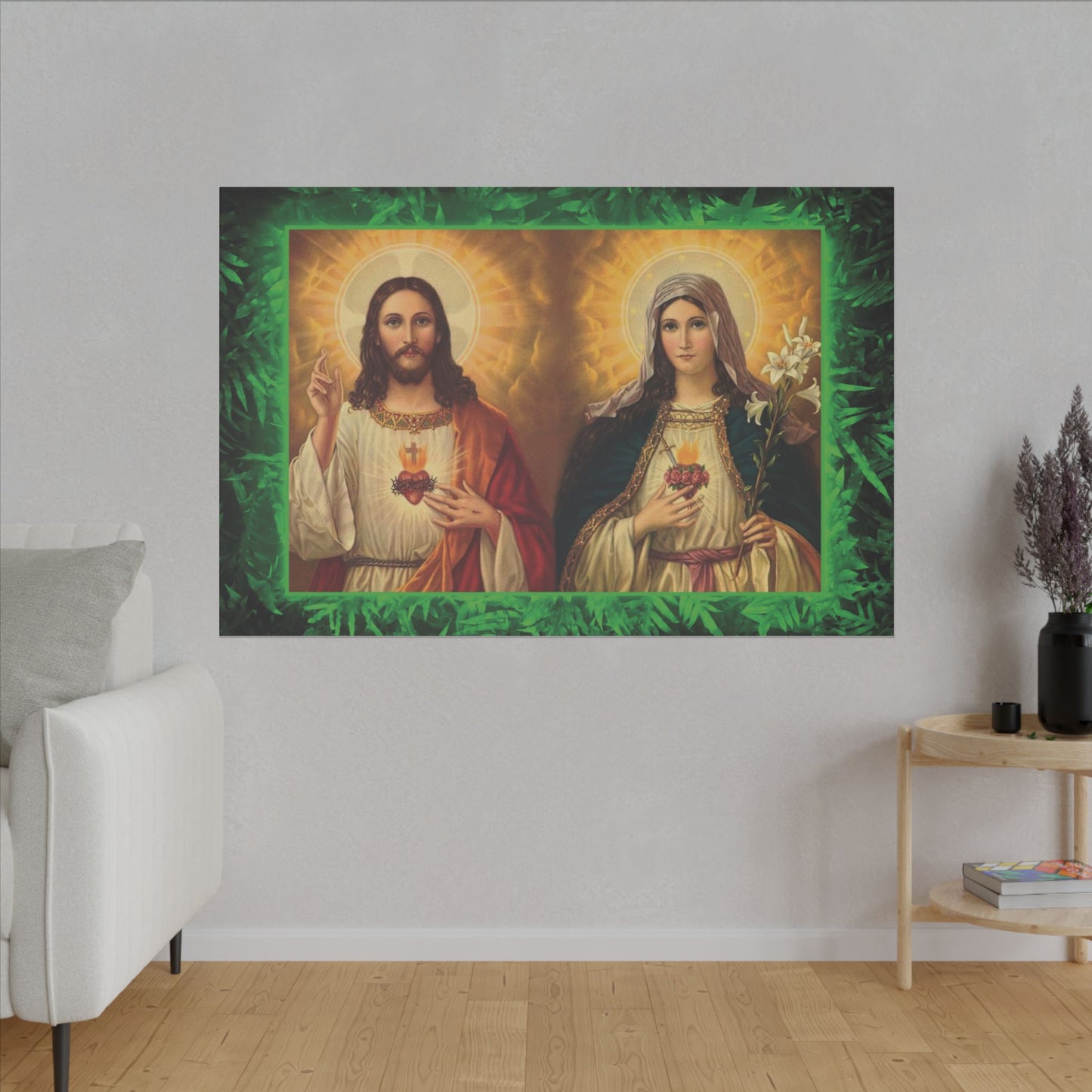 "Tropical Glow Jesus and Mary" Religious Canvas Artwork - Stretched Canvas Print / Byzantine Icons