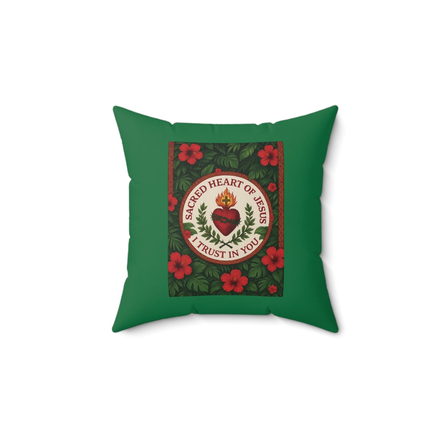Religious Decorative Pillow - Accent Cushion, 4 Sizes / Sacred Heart of Jesus Prayer, Dark Green