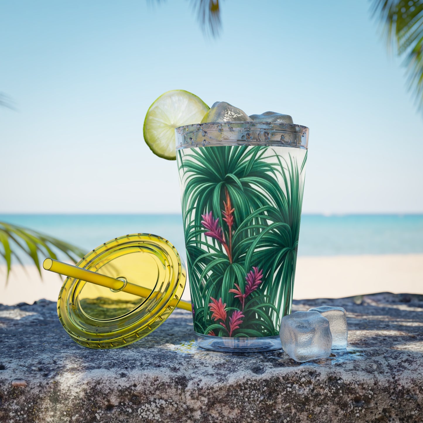 Tropical Tumbler with Straw | 16oz Colorful Travel Cup / Tiny Palm Island