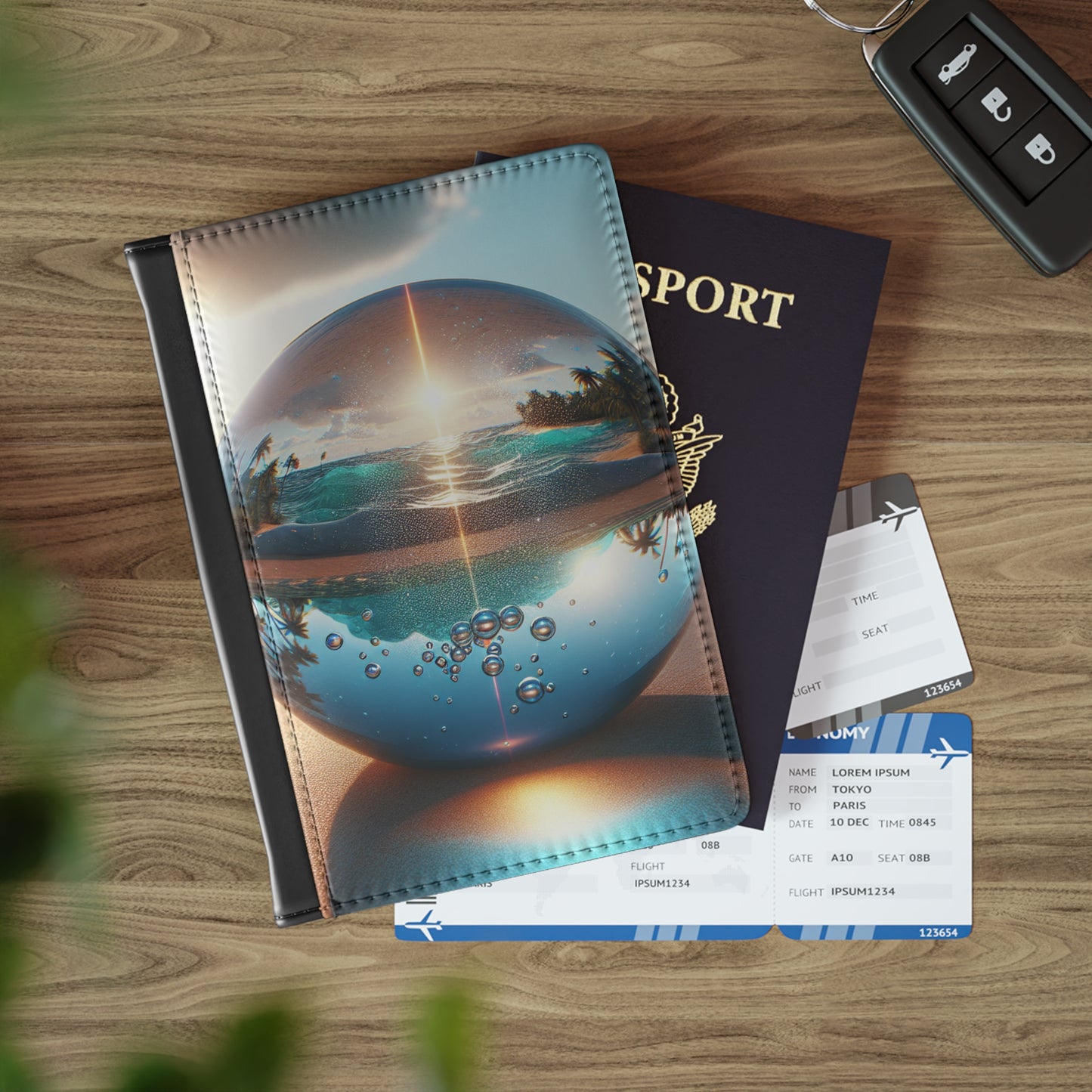 Tropical Passport Cover, Faux Leather - RFID blocking for travel security / Beach Illusino Ball, Sunrise