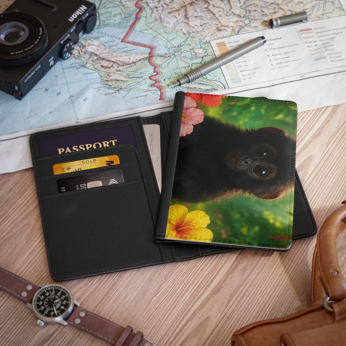 Tropical Passport Cover, Faux Leather - RFID blocking for travel security / Baby Howler Monkey